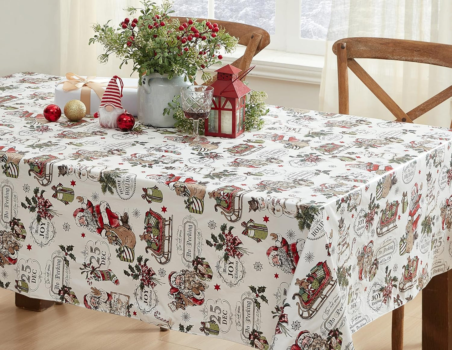 Vintage Nostalgia Home for Holidays Print Flannel Back Vinyl Christmas Tablecloth - Vintage Santa Claus, Snowman and Sleigh Xmas Wipe Clean Easy Care Tablecloth, 60” X 120” Oblong/Rectangle