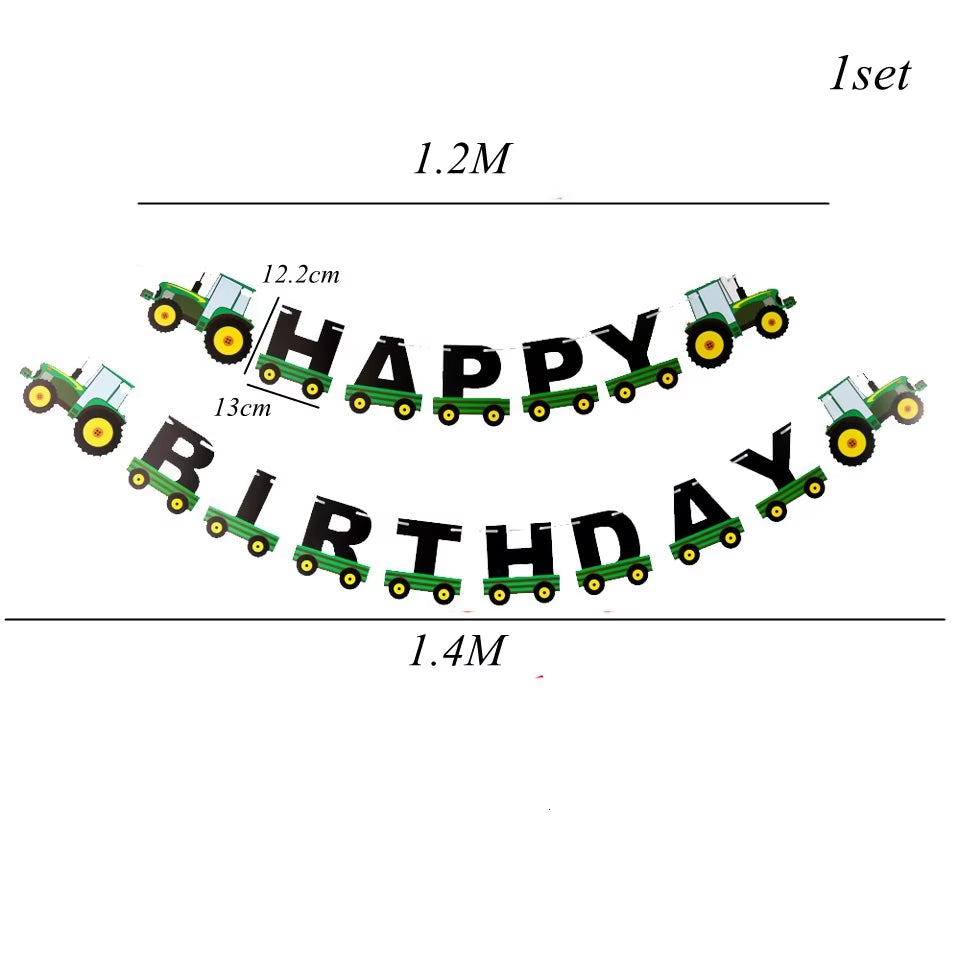 1 Set Farm Tractor Party Happy Birthday Banner Excavator Vehicle Green Theme Balloons Cake Topper Party Decoration