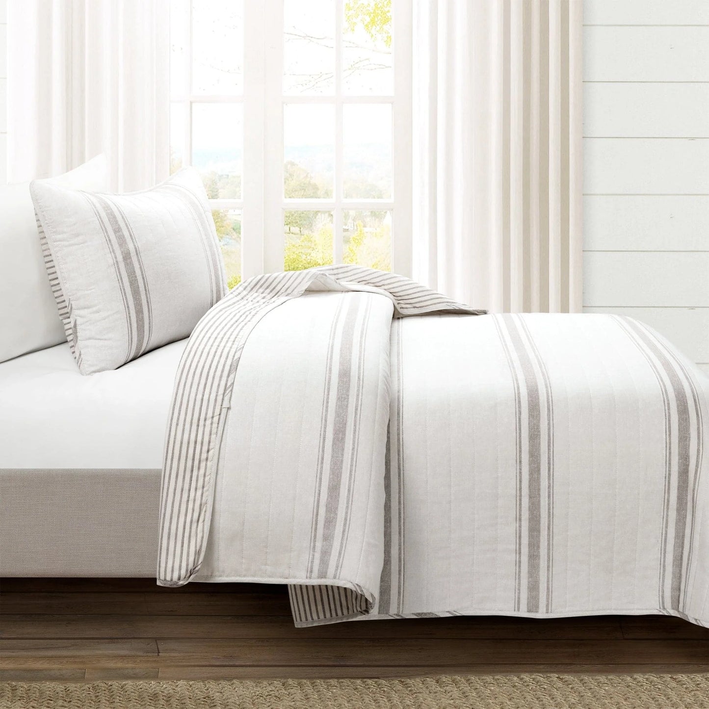 Farmhouse Stripe Reversible Cotton Quilt Black 2Pc Set Twin-Xl
