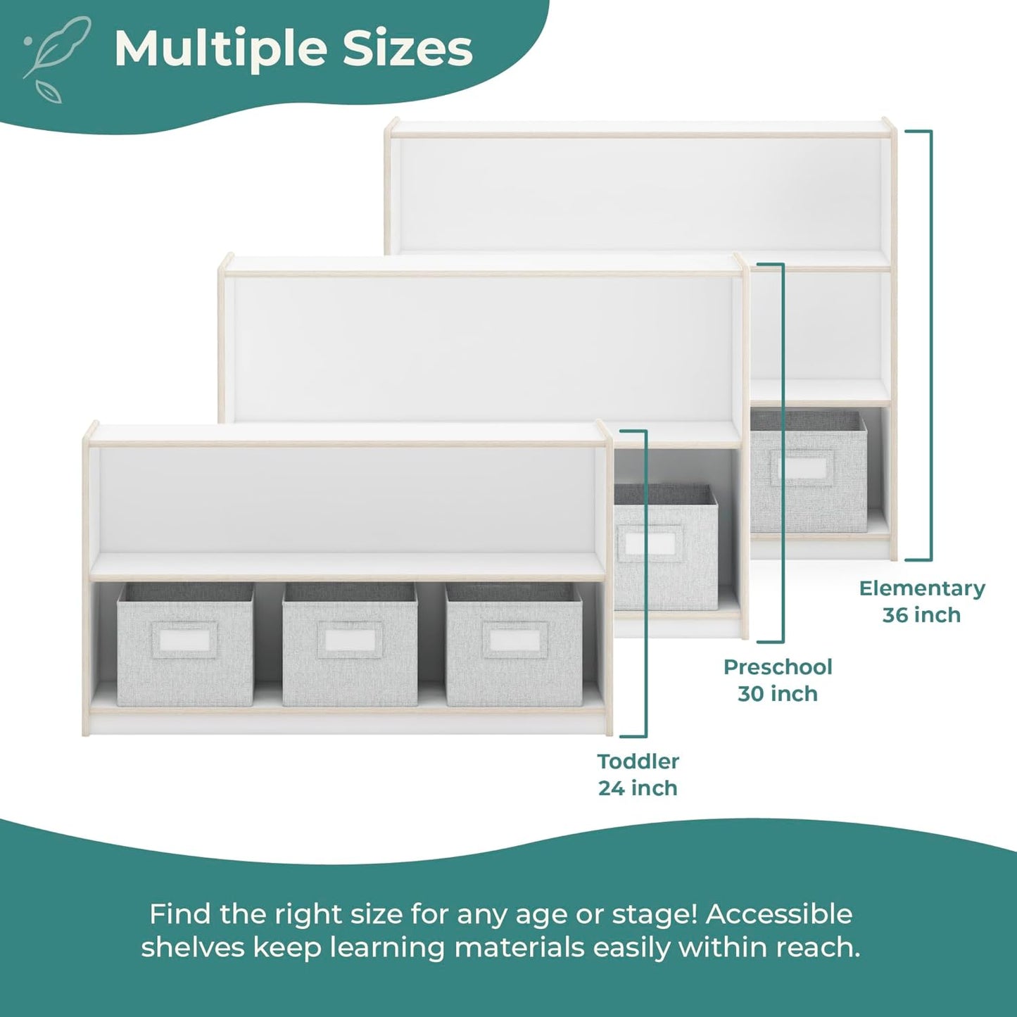 Edq Three Shelf Open Storage White with 3 Fabric Bins: Wood Bookshelf and Toy Organizer for Kids and Teachers; School Supply Furniture for Classrooms and Home