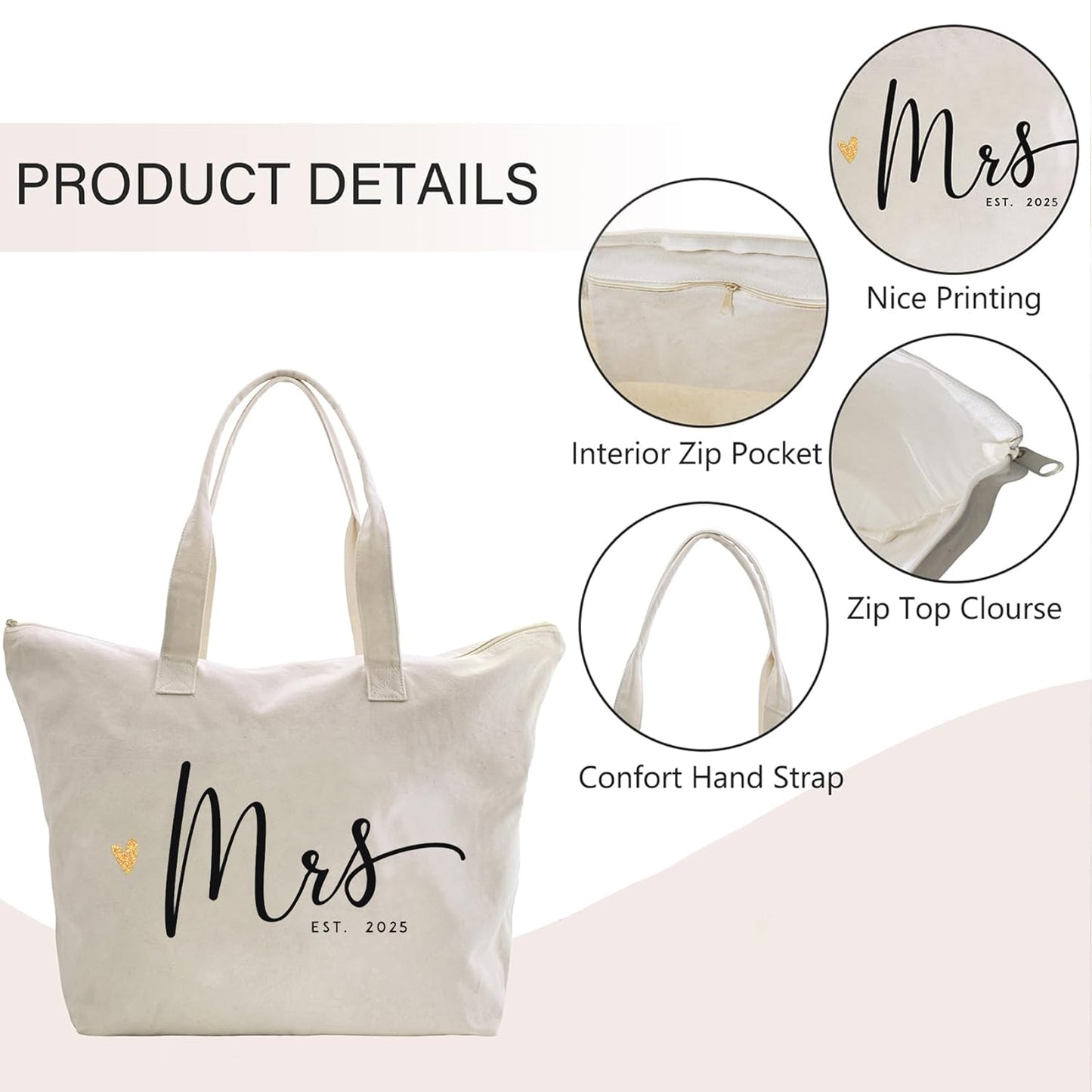 Mrs. Bag 2025 Future Mrs Bride Gifts for Wedding Engagement Bachelorette Party Honeymoon Bridal Shower Gifts for Bride to Be Tote Canvas Cotton Beach Shoulder Bag with Zipper and Pocket