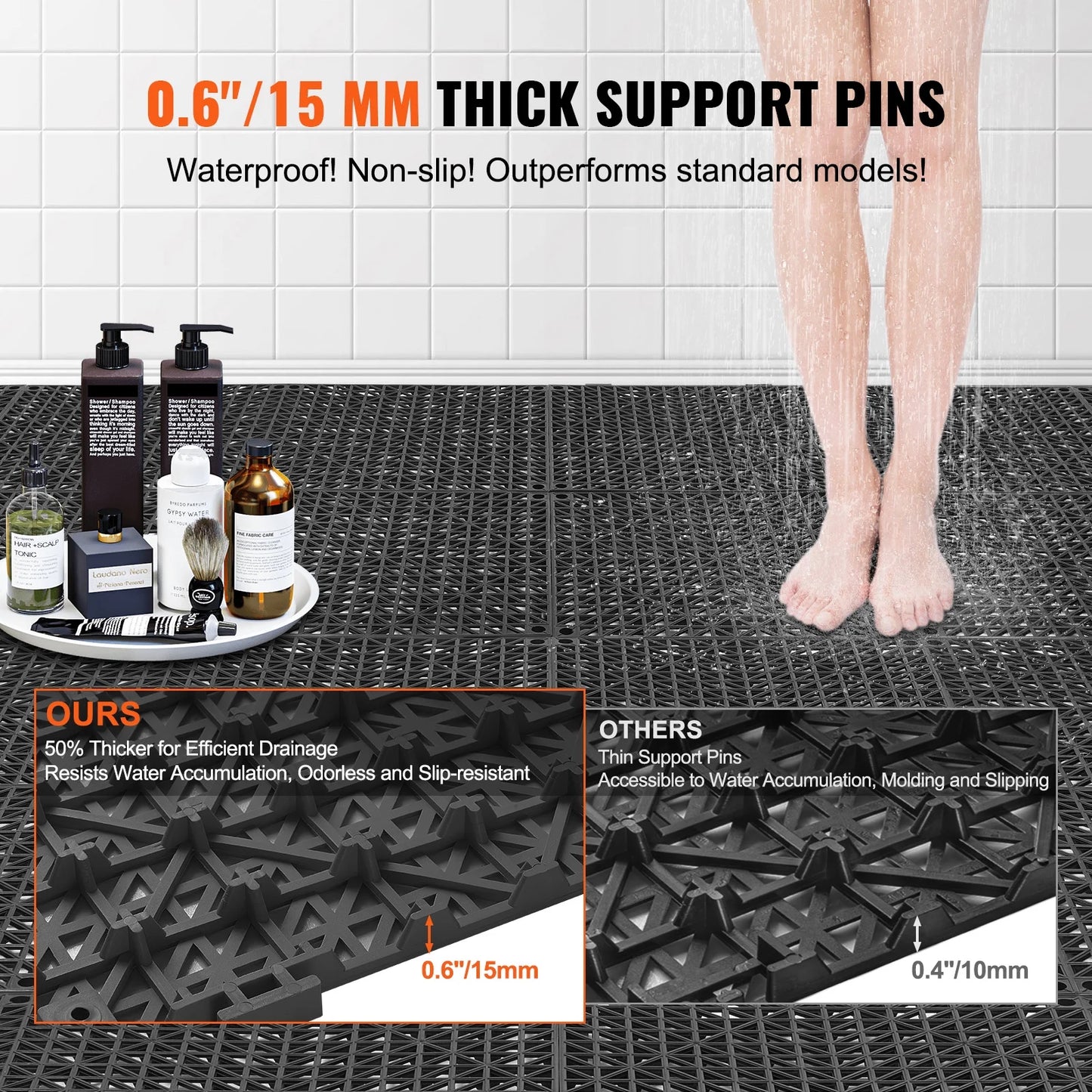 12 PCS Interlocking Drainage Floor Mat 12" X 12" X 0.6" Modular Interlocking Cushion PVC Non-Slip Drainage Tiles Mats for Pool, Bathroom, Shower, Deck, Patio (Black)