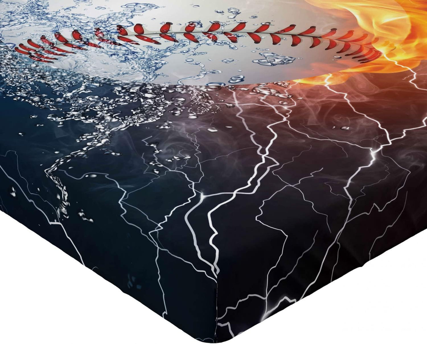 Sports Fitted Sheet, Baseball Ball and Water Splashing Thunder Creative Art Themed Print, Bed Cover with All-Round Elastic Deep Pocket for Comfort, Twin Size, Dark Blue and Burgundy