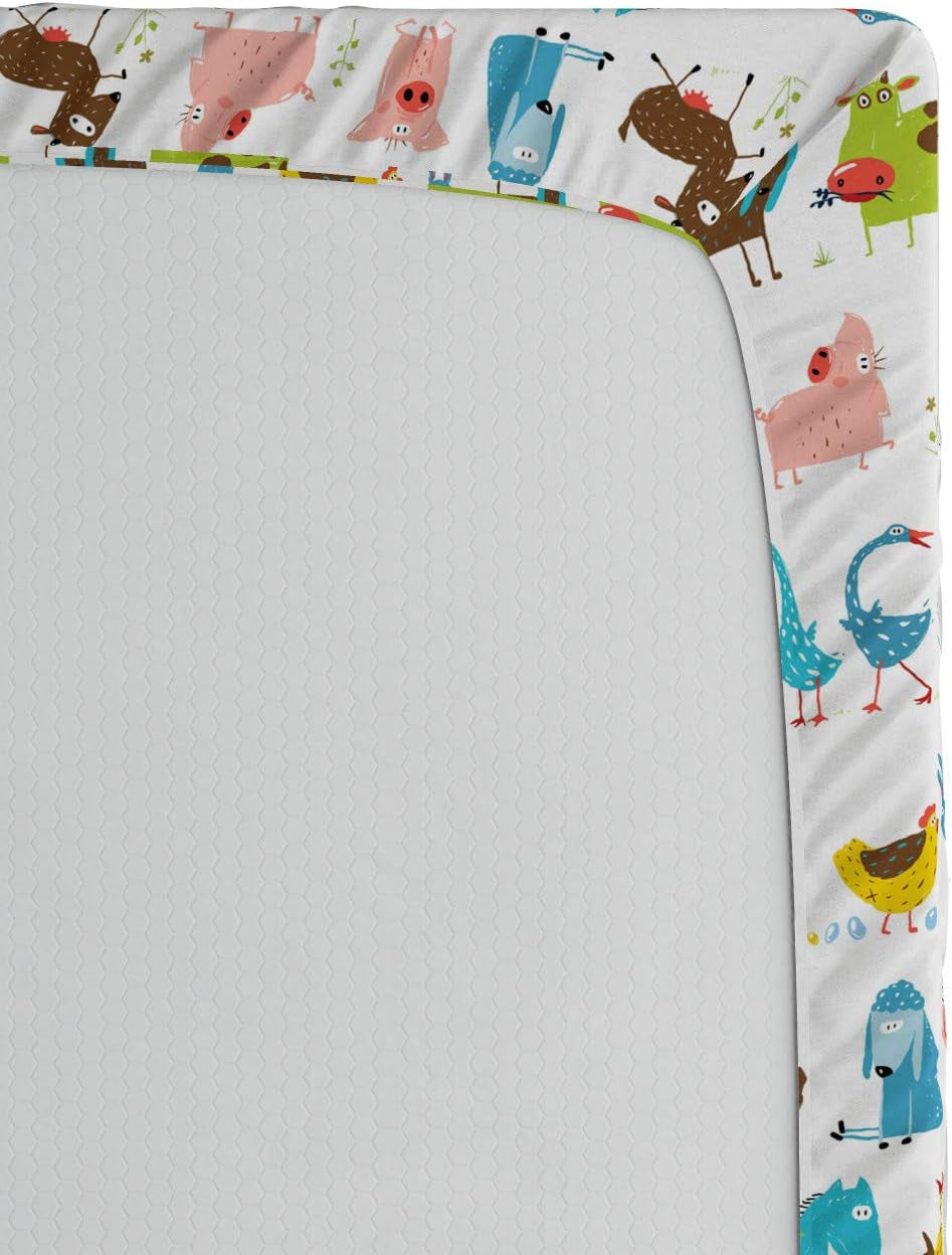 Animal Fitted Sheet, Domestic Farm Animals Horse Pig Cow Sheep and Hen Agriculture Cartoon Doodle Design, Soft Decorative Fabric Bedding All-Round Elastic Pocket, Twin Size, Blue Green