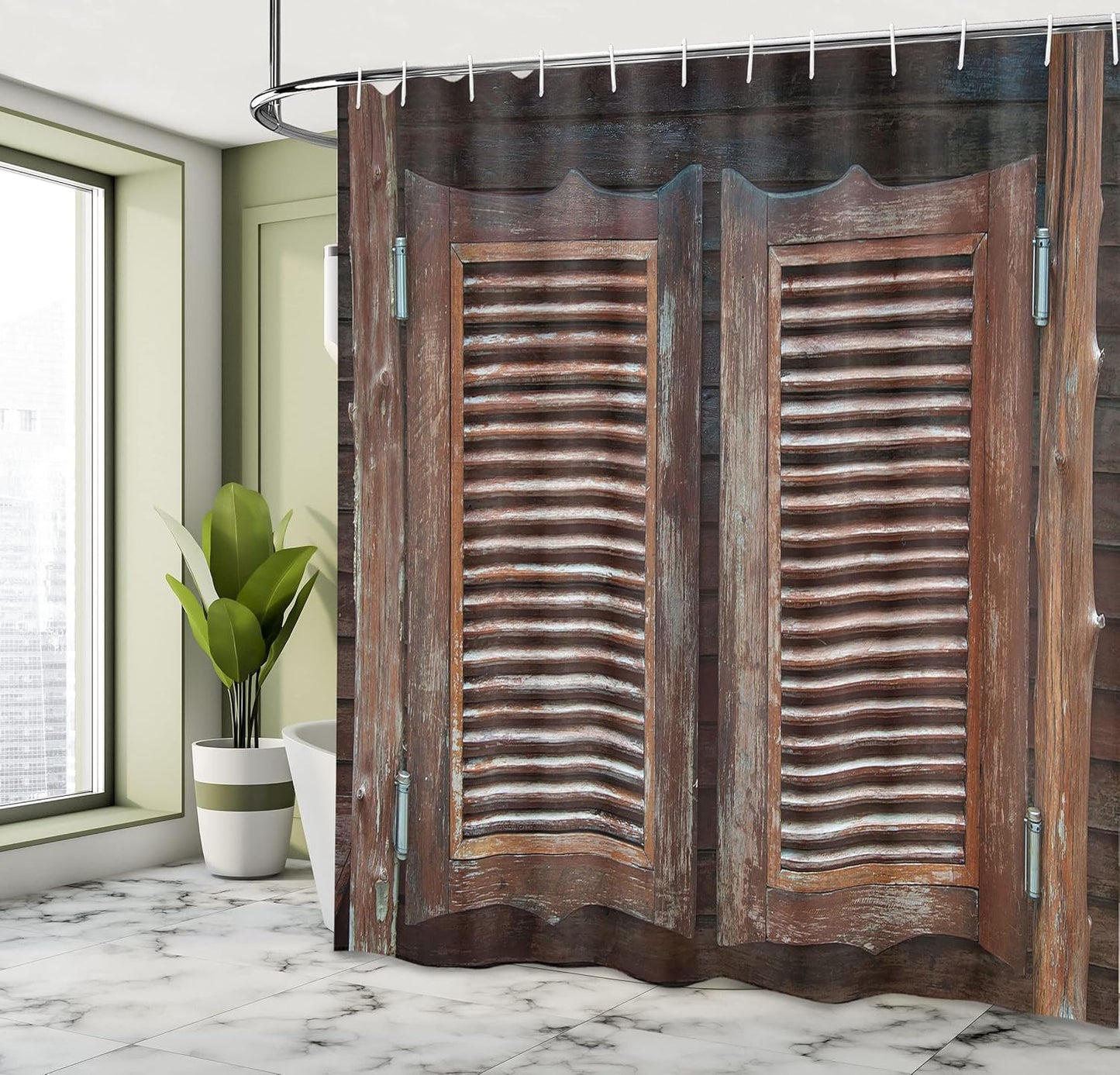 Western Shower Curtain, Antique Themed Traditional Rustic Wild West Swinging Wooden Cowboy Bar Saloon Door, Cloth Fabric Bathroom Decor Set with Hooks, 69" W X 70" L, Brown Dark