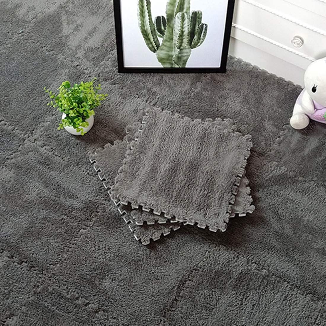 Interlocking Carpet Shaggy Soft EVA Foam Mats Fluffy Area Rugs Protective Floor Tiles Exercise Play Mat for Children Kids Room Home Parlor Bedroom (12 Pcs, Gray)