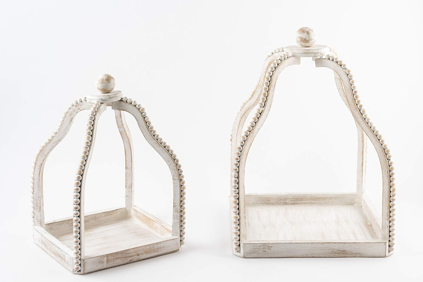 Wood Beaded Lantern Set, Distressed White WASH