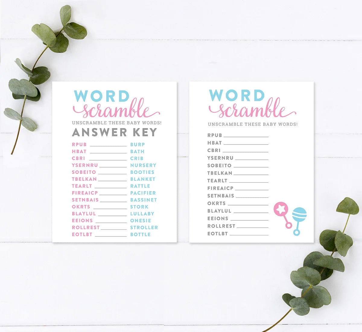 Word Scramble Team Pink/Blue Gender Reveal Baby Shower Paper Games, Favors 20PC