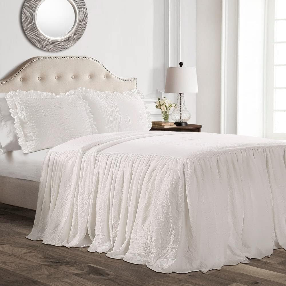 Ruffle Skirt Bedspread Set - 3 Piece Luxurious Farmhouse Bedding Set - Elegant, Charming Ruffle Detail - Timeless Style & Classic Design - Soft and Lightweight - King, White