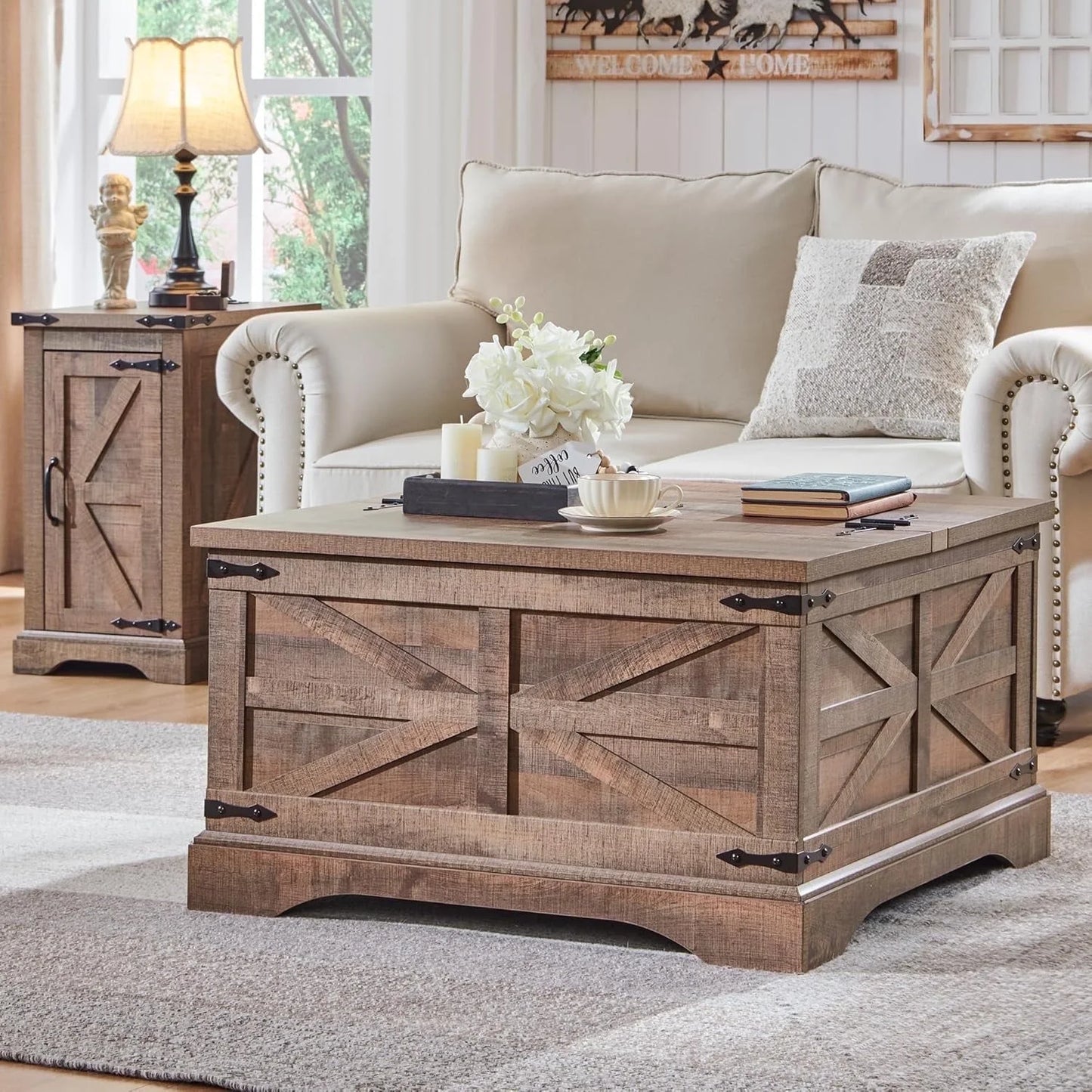 Farmhouse Coffee Table with Storage and Lift Top, Square Wood Center for Living Room, Brown