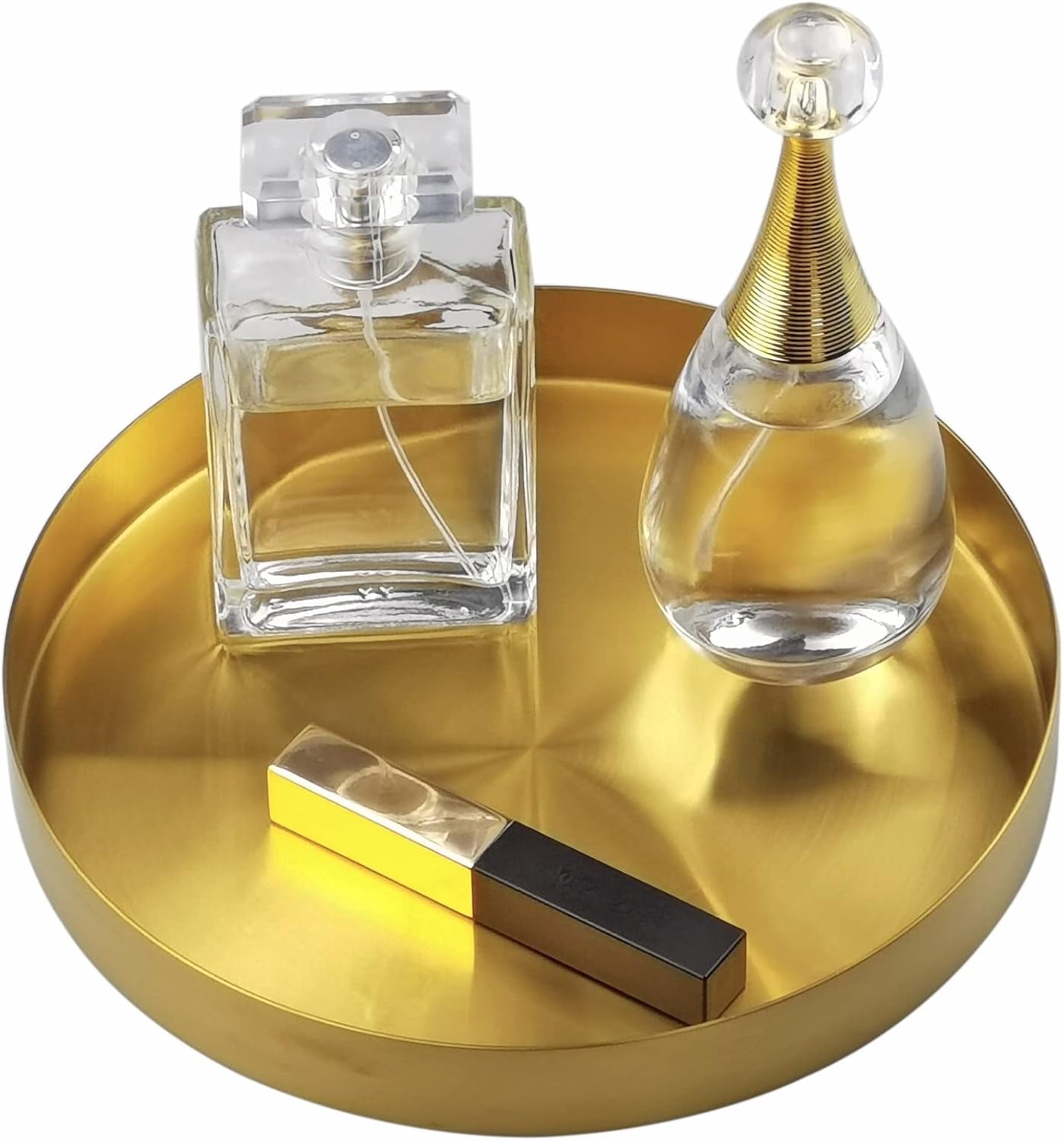 round Serving Tray, Perfume Organizer Candle Organization Centerpieces for Dinning Preppy Room Decor Coffee Table Desk Vanity Countertop Bathroom Storage Accessories, Brass Gold, 8 Inch