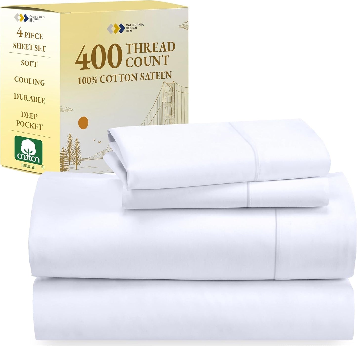 Full Size Bed Sheets, 400 Thread Count 100% Cotton Sheets Sateen, Deep Pocket Full Size Sheet Sets, Soft & Breathable Cotton Bed Sheets, Cooling Sheets Full Size Bed Set (White)