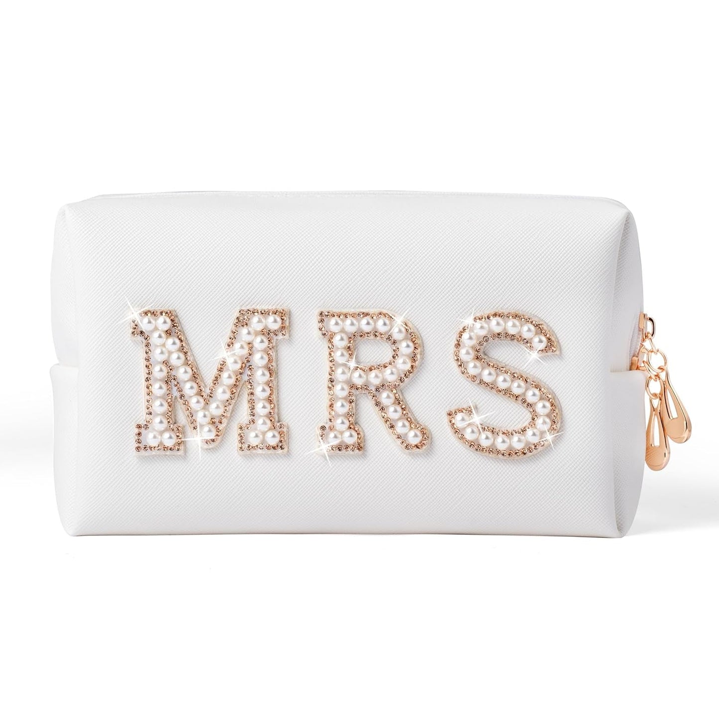 Gold MRS Letter Patch Cosmetic Toiletry Bag Pearl Rhinestone Varsity, PU Leather Bride Makeup Bag Waterproof Portable Zipper Small Clutch Purse Travel Organizer for Women Girls