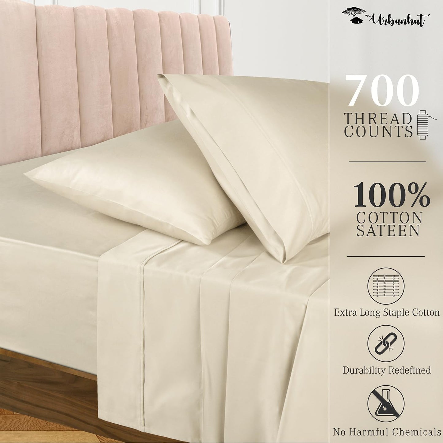 700 Thread Count Queen Sheet Set Egyptian Cotton Sheets, 4Pc Sheet Set Soft Luxury Bed Sheets for Queen Size Bed, Sateen Weave Hotel Sheets, 16'' Elasticized Deep Pocket - Ivory