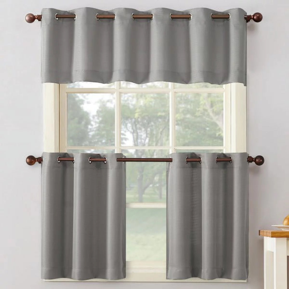 Nathan Casual Textured Semi-Sheer Grommet Kitchen Curtains, 56"X14", Nickel