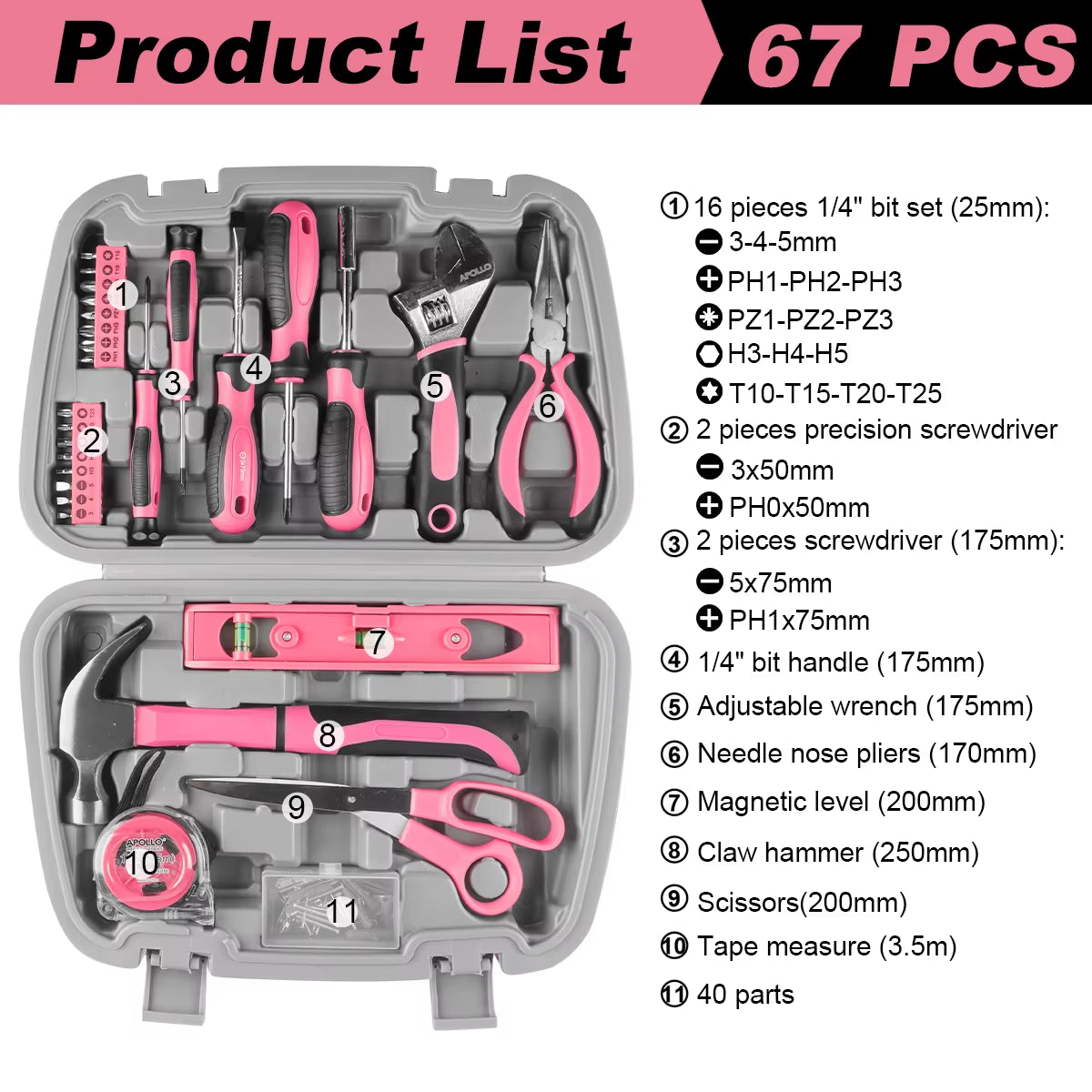 67/71/56/35Pcs Automotive Maintenance Tools -Household Repair Tool Kit Multi-Purpose Pink Hand Tool Set with Storage Box