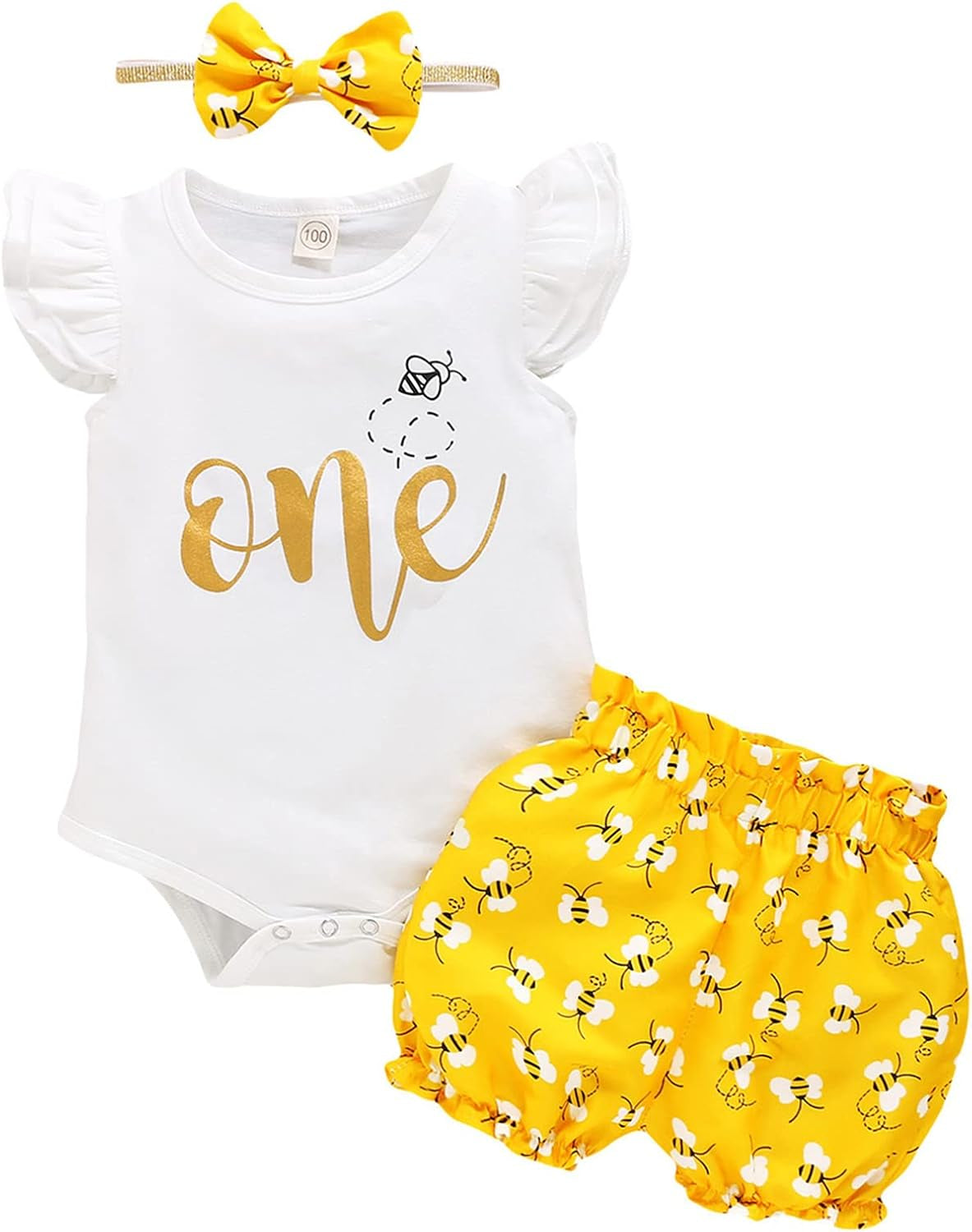 Baby Girl One Birthday Outfits Ruffle Sleeve Romper+Strawberry Shorts+Headband 3Pcs Summer Clothes