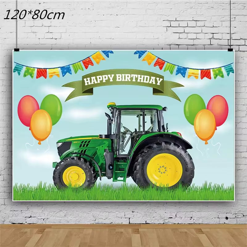 Farm Theme Green Tractor Inflatable Balloons Cake Topper Happy Birthday Party Decoration Kids Birthday Excavator Vehicle Banner