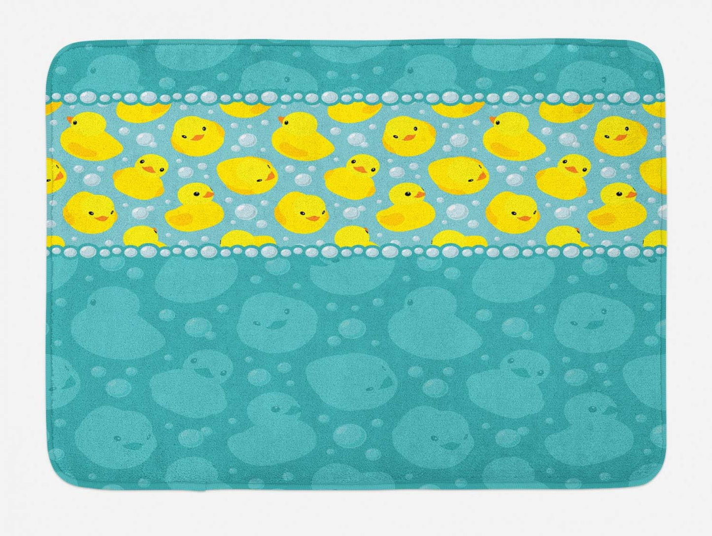 Rubber Duck Bath Mat, Cartoon Style Duckies Swimming in Water Pattern Fun Bubbles Aqua Colors, Plush Bathroom Decor Mat with Non Slip Backing, 30.2" X 20", Teal Blue