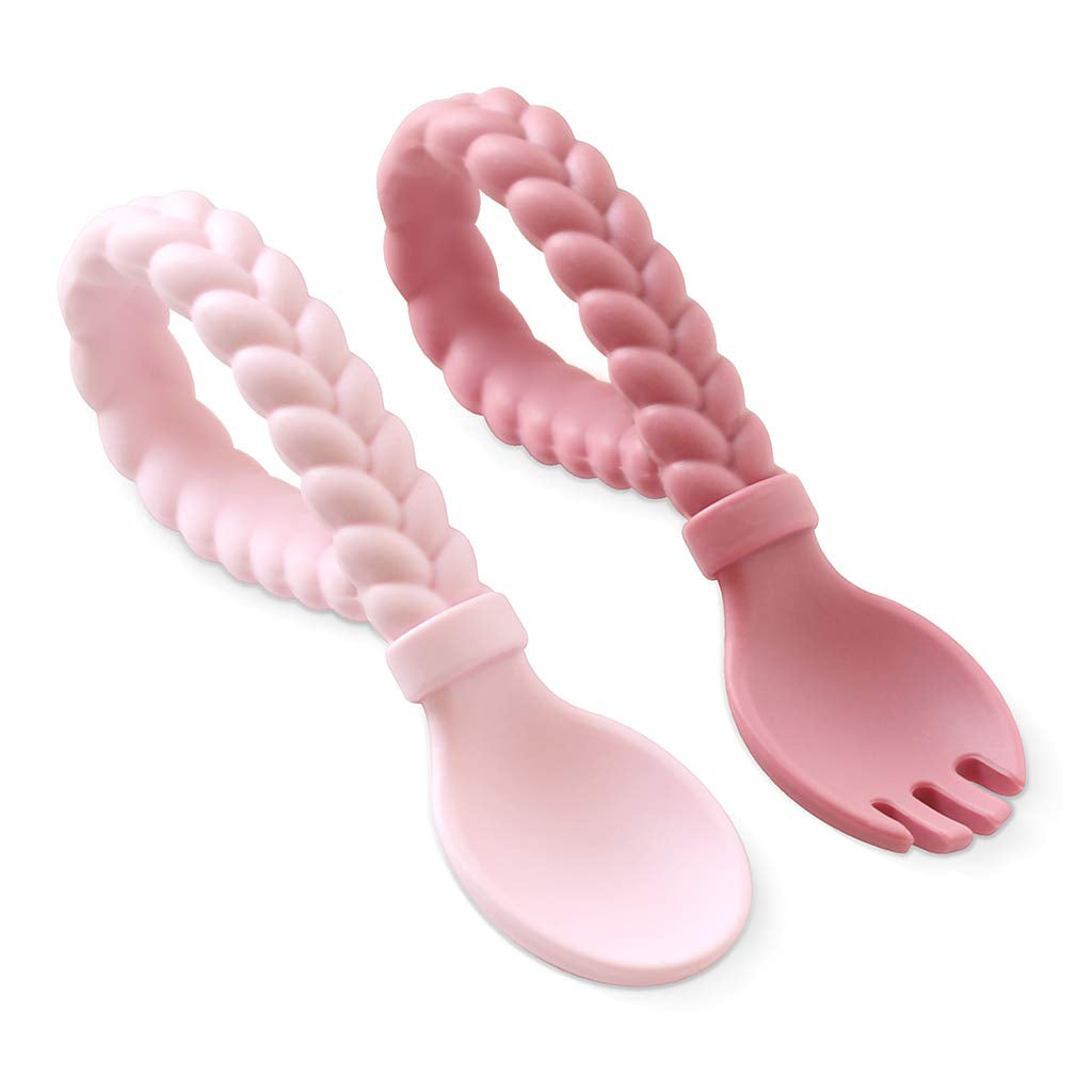 Silicone Spoon & Fork Set; Baby Utensils Featuring a Baby Fork and Spoon with Looped, Braided Handles - Made of 100% Food Grade Silicone & Bpa-Free - Ages 6 Months and up (Pink)
