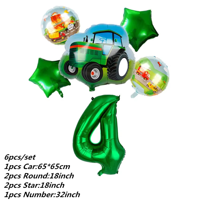 Farm Theme Green Tractor Inflatable Balloons Cake Topper Happy Birthday Party Decoration Kids Birthday Excavator Vehicle Banner
