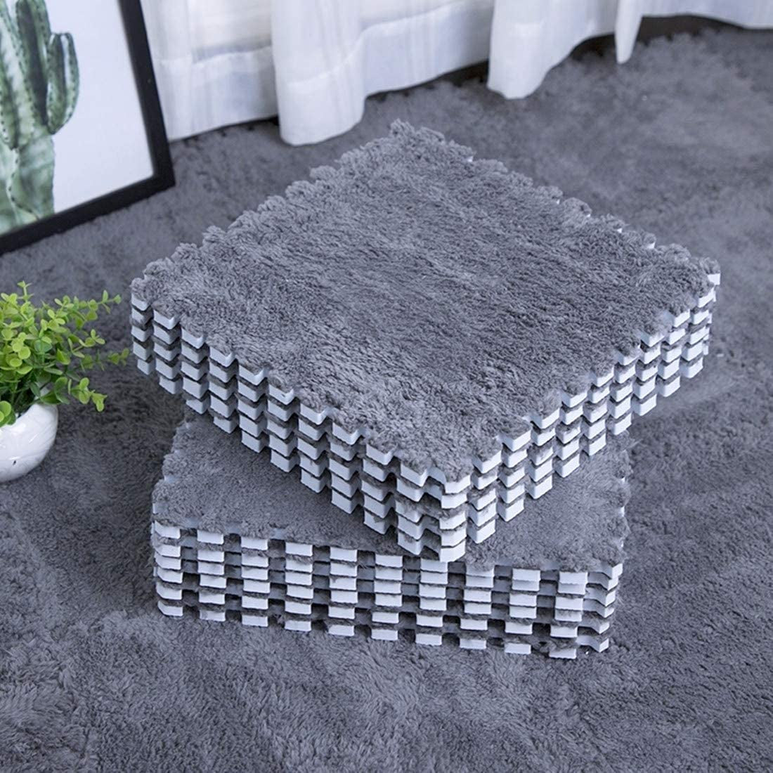 Interlocking Carpet Shaggy Soft EVA Foam Mats Fluffy Area Rugs Protective Floor Tiles Exercise Play Mat for Children Kids Room Home Parlor Bedroom (12 Pcs, Gray)