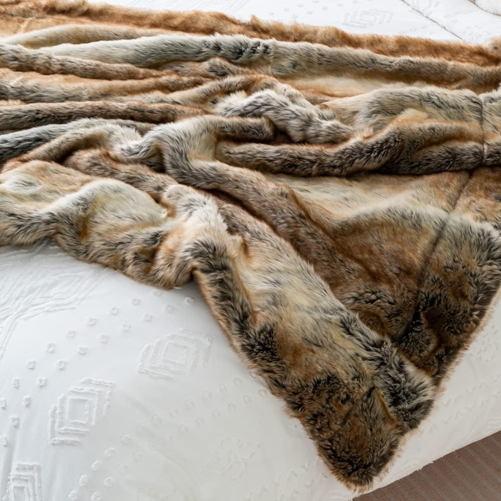 Luxury Brown Faux Fur Blanket Thick Warm Elegant Cozy Fuzzy Throw for Couch, Bed, Sofa Fluffy Blankets Decorative Reversible to Plush Velvet, 50"X60"