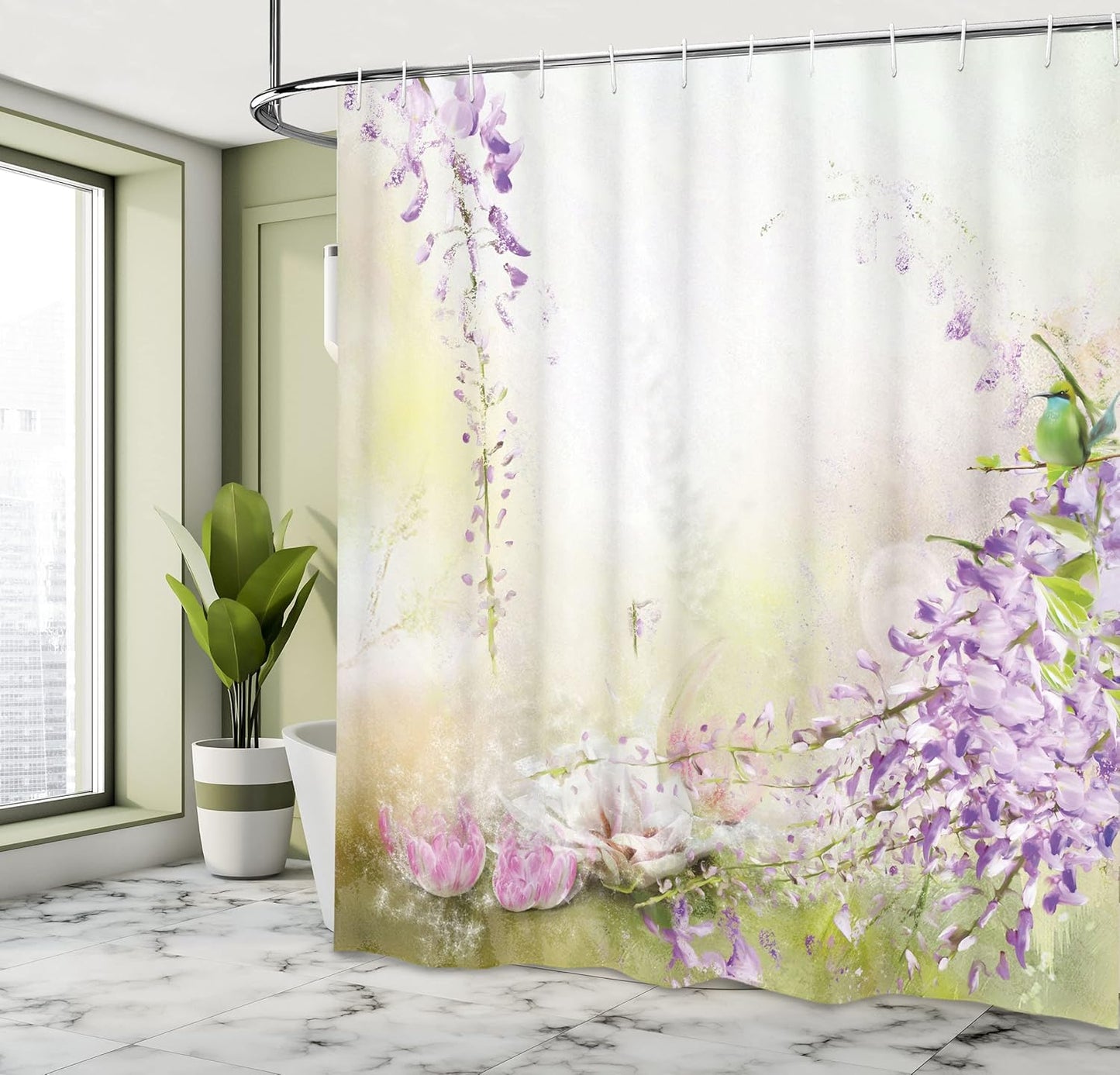 Lavender Shower Curtain, Painting Style Floral Composition Spring Inspired Garden Plants, Cloth Fabric Bathroom Decor Set with Hooks, 69" W X 75" L, Lavender Green Cream