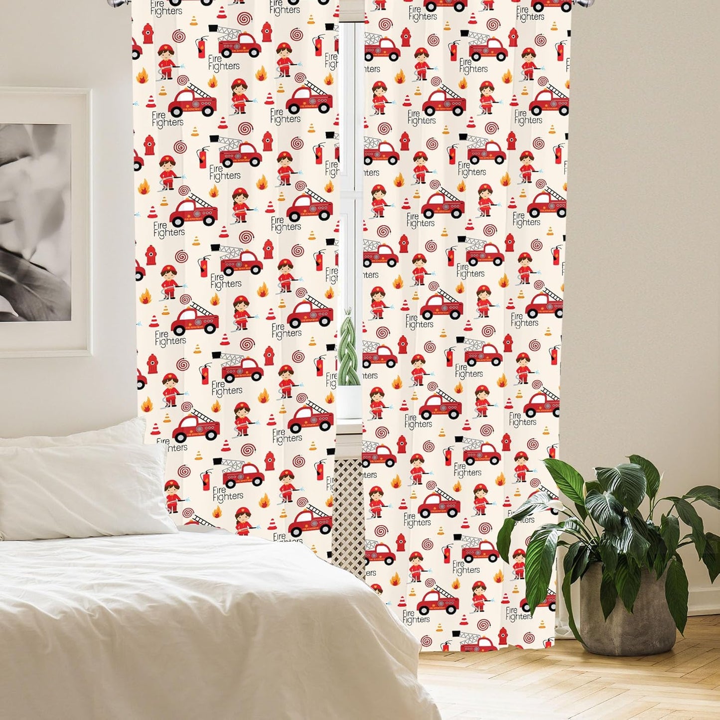 Truck Window Curtains, Little Boys and Girls in Uniforms Fighters Theme Career Profession Pattern, Lightweight Decor 2-Panel Set with Rod Pocket, Pair of - 28" X 84", Red Cream