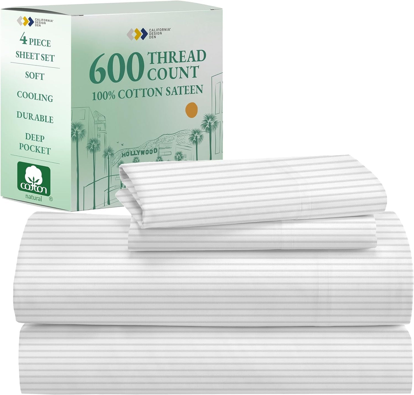 Luxury King Size Sheet Set - 100% Cotton, 600 Thread Count Deep Pocket King Sheets, Hotel-Quality Bedding with Sateen Weave - Ticking Stripe Pattern