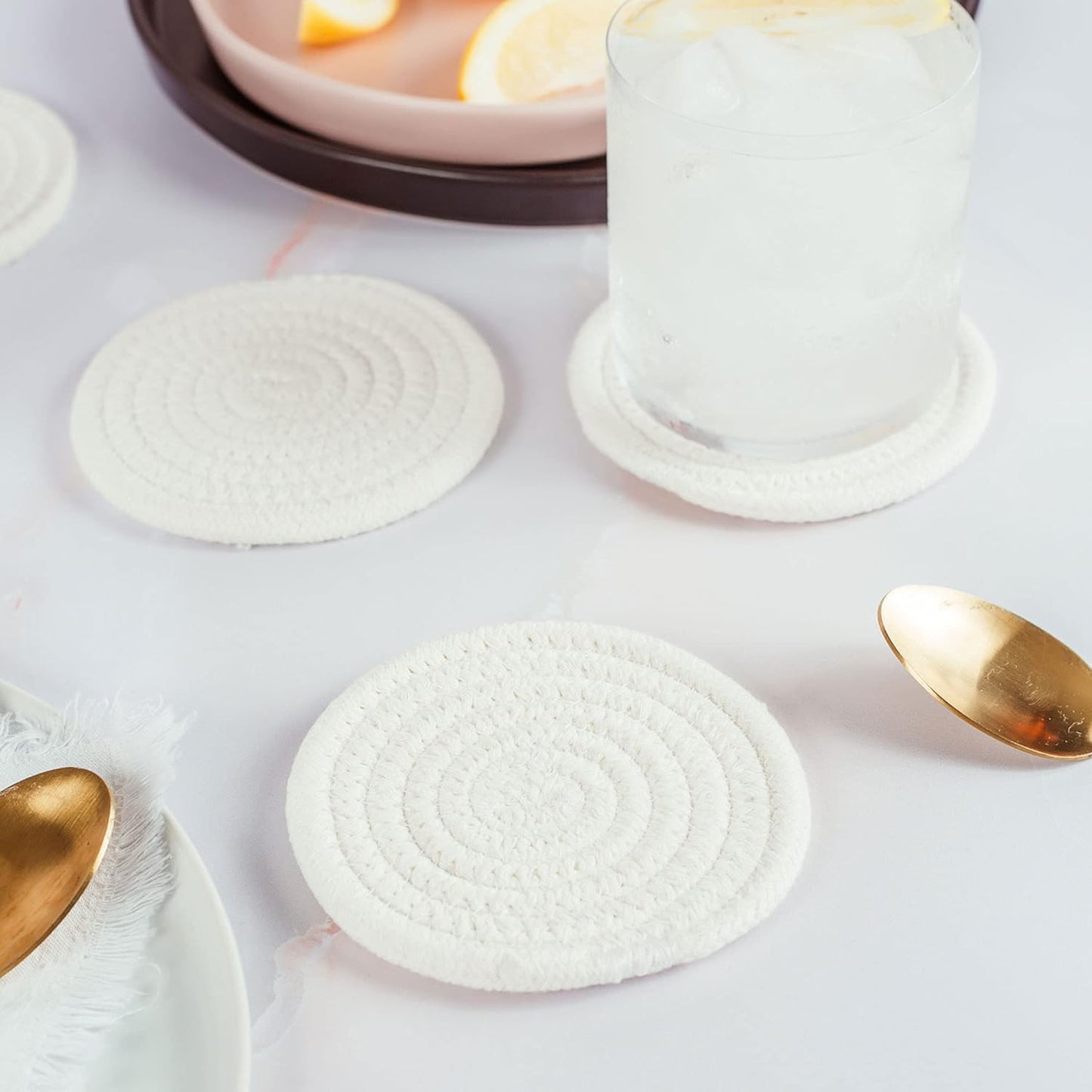 Set of 6 White Farmhouse Coasters for Coffee Table, 4.3" Aethetic Boho Coasters for Drinks, Absorbent Coasters, Cute Coasters, Moisture Absorbing Coasters, Woven Fabric Cup Coasters