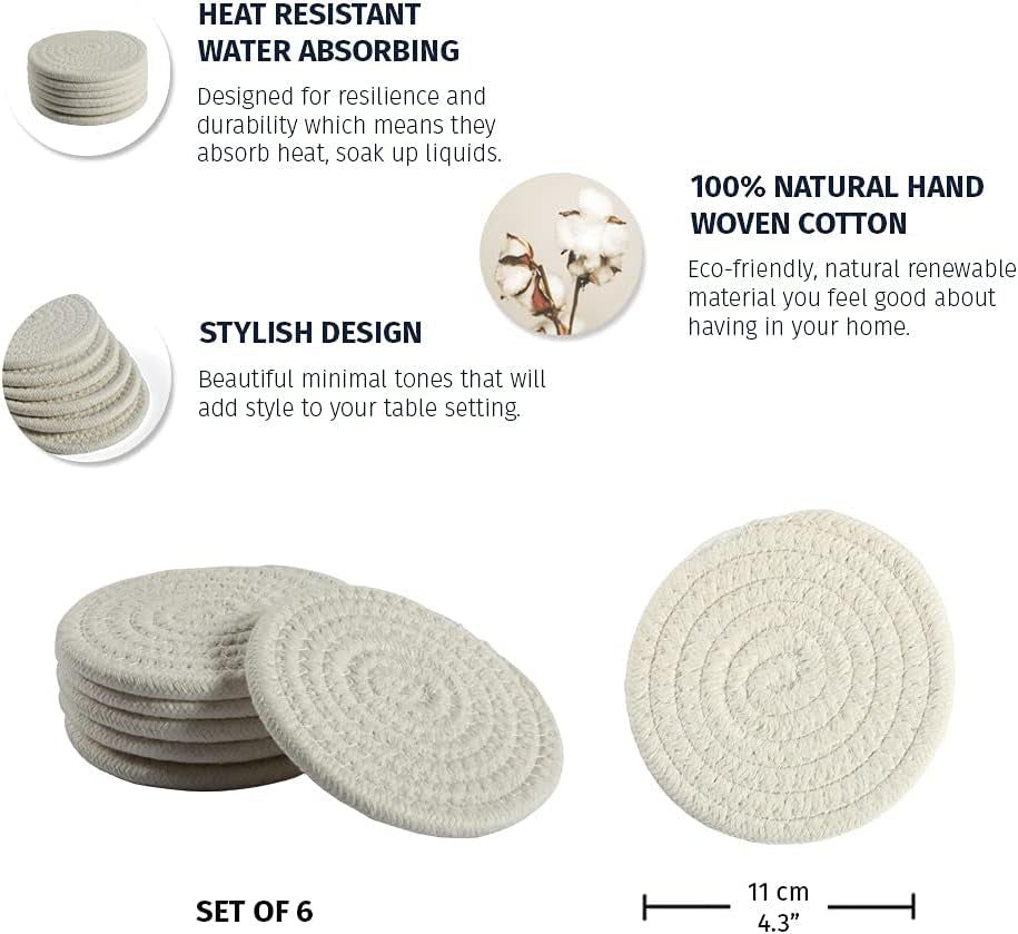 Set of 6 White Farmhouse Coasters for Coffee Table, 4.3" Aethetic Boho Coasters for Drinks, Absorbent Coasters, Cute Coasters, Moisture Absorbing Coasters, Woven Fabric Cup Coasters