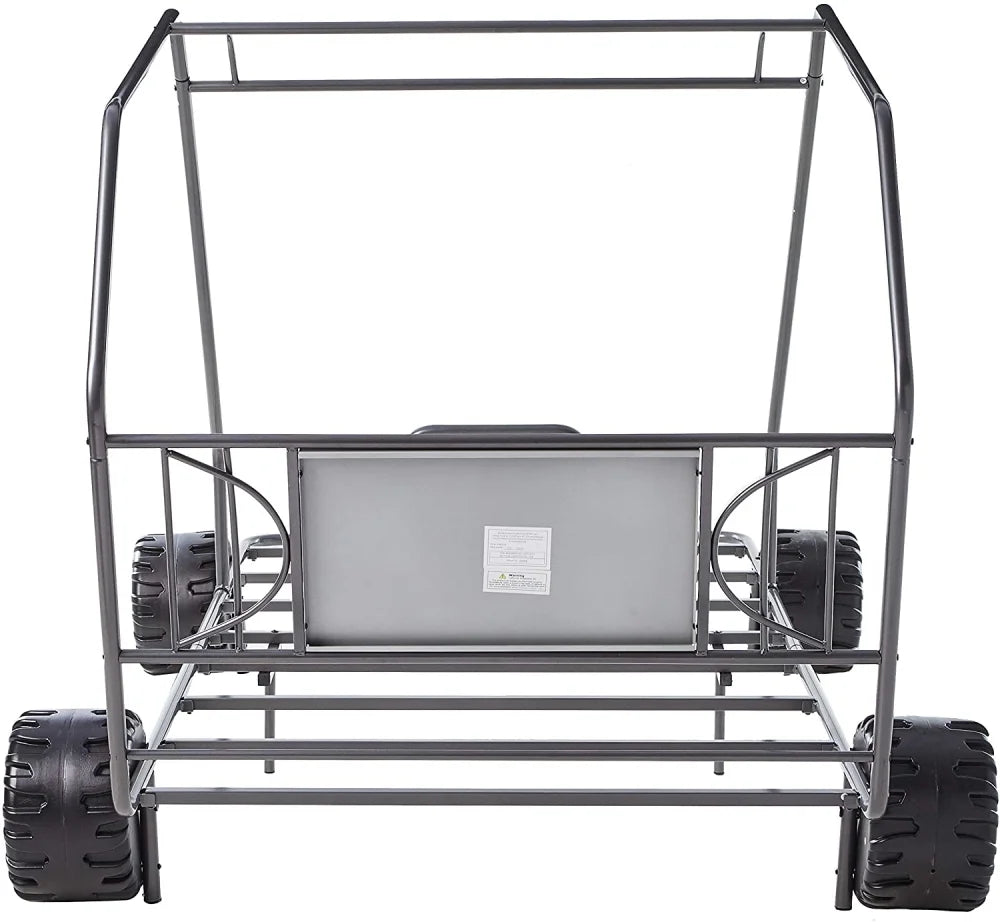 Twin Size Car-Shaped Bed for Kids, Metal Bed Frame Canopy Bed with Wheels and Racing Flag Decor Headboard for Boys Girls Bedroom, Black, 84''L X 56''W X 51''H