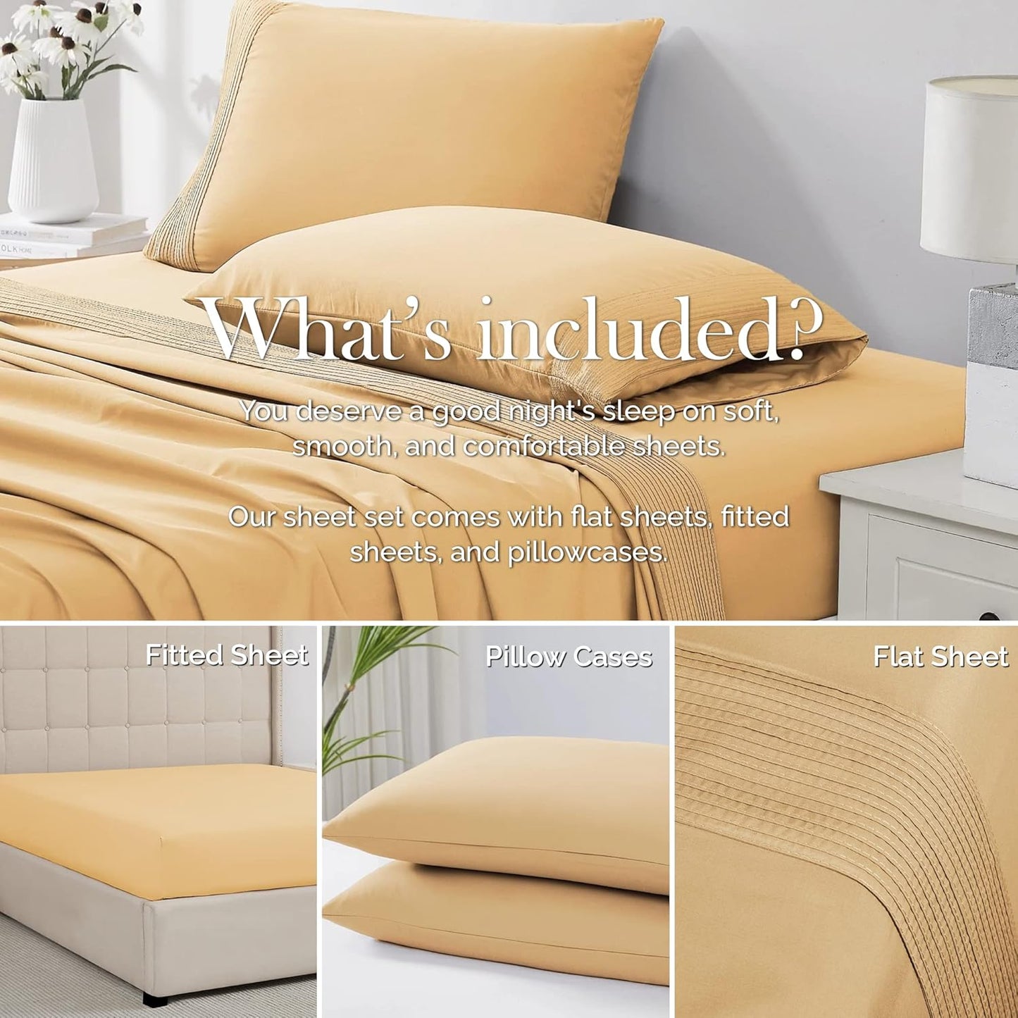 Deep Pocket Twin XL Sheet Set with 21" Deep Twin XL Fitted Sheet, with 1 Pillow Case Standard Size | Hotel Luxury Quality | Easy Care, No-Shrink Microfiber Sheets | Gold