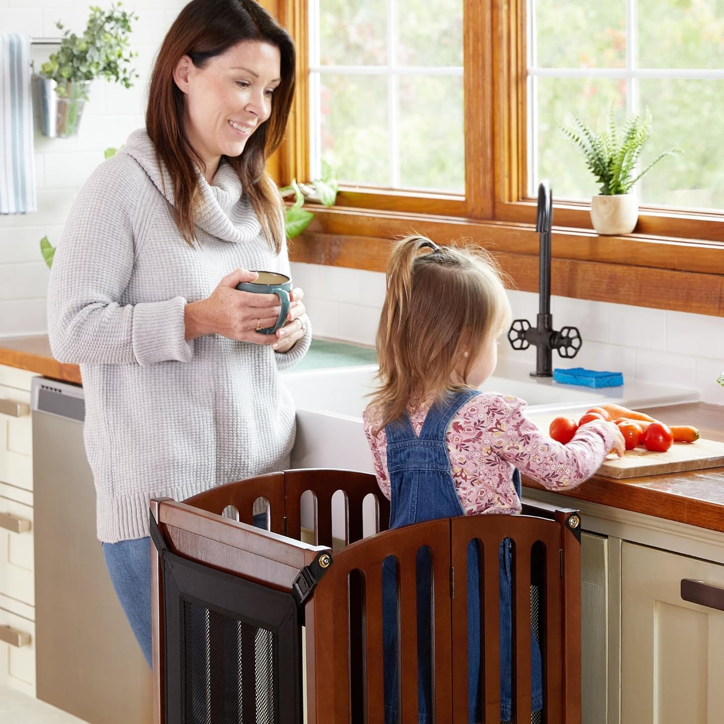 Contemporary Kitchen Helper® Stool with 2 Keepers - Walnut: Adjustable Height Wooden Counter Step Stool for Toddlers