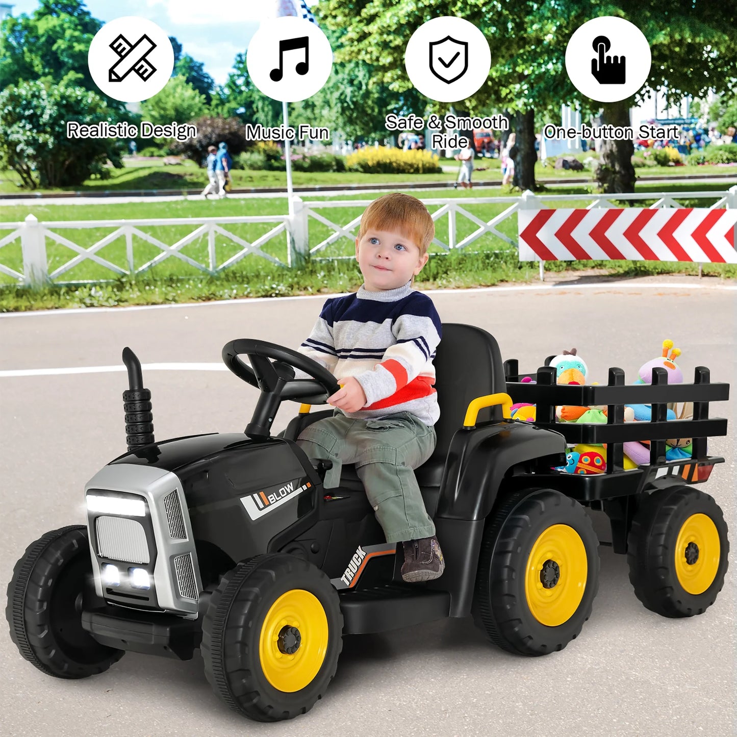 12V Kids Ride on Tractor with Trailer Ground Loader W/ RC & Lights Dark Black