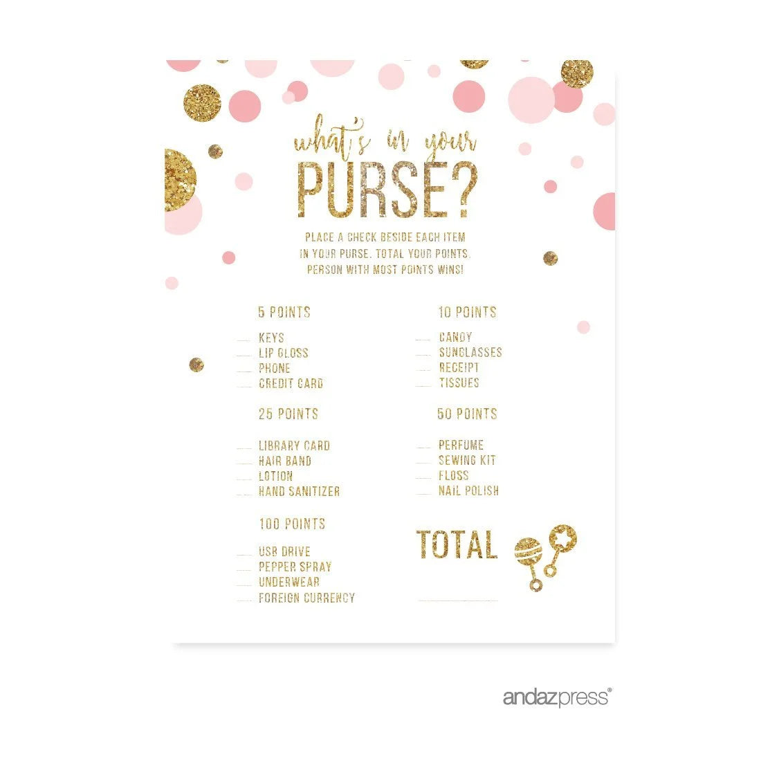 What'S in Your Purse? Game Blush Pink Gold Glitter Baby Shower Games, 20-Pack