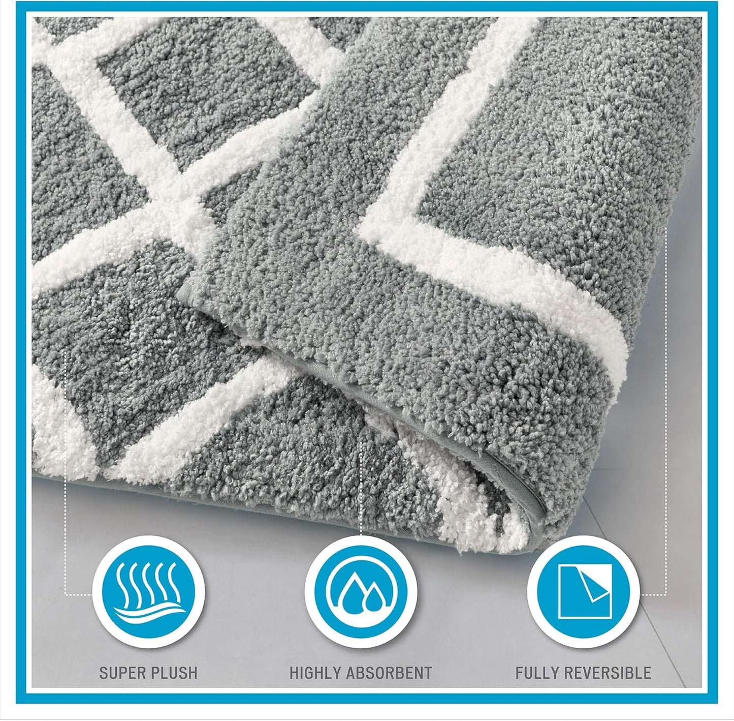 Bittman Reversible Bathroom Rug - High Pile Luxrurious Tufted Plush Bath Mat Absorbent, Quick Dry, Geometric Design Shower Room Décor, 24X60, Grey