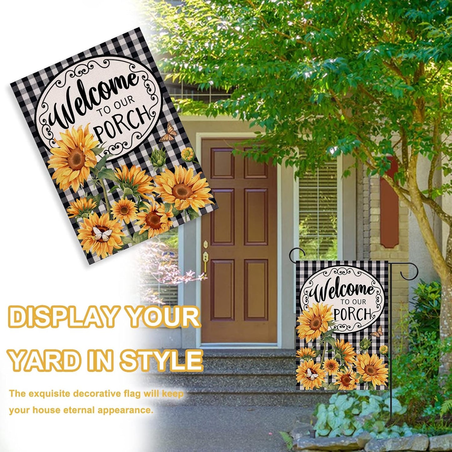 Home Decorative Welcome to Our Porch Spring Summer Sunflower Garden Flag, Black White Buffalo Plaid Check Yard outside Decoration, Fall Autumn Farmhouse Outdoor Small Decor 12 X 18