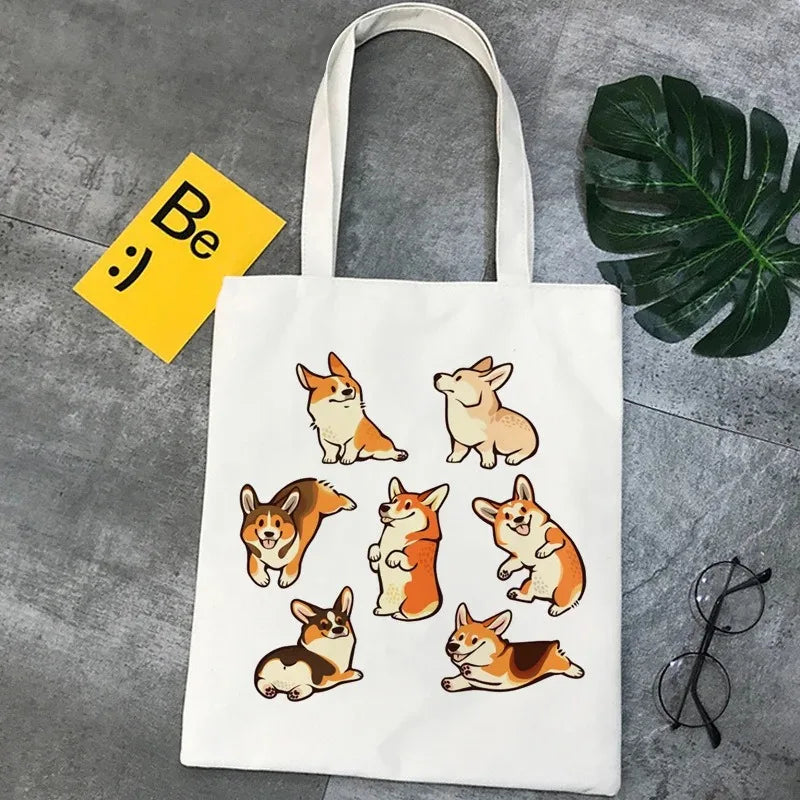 Corgi Dog Cartoon Funny Shopping Bag Graphic Tote Handbag Harajuku Shopper Bag for Women Eco Large-Capacity Female Shoulder Bag