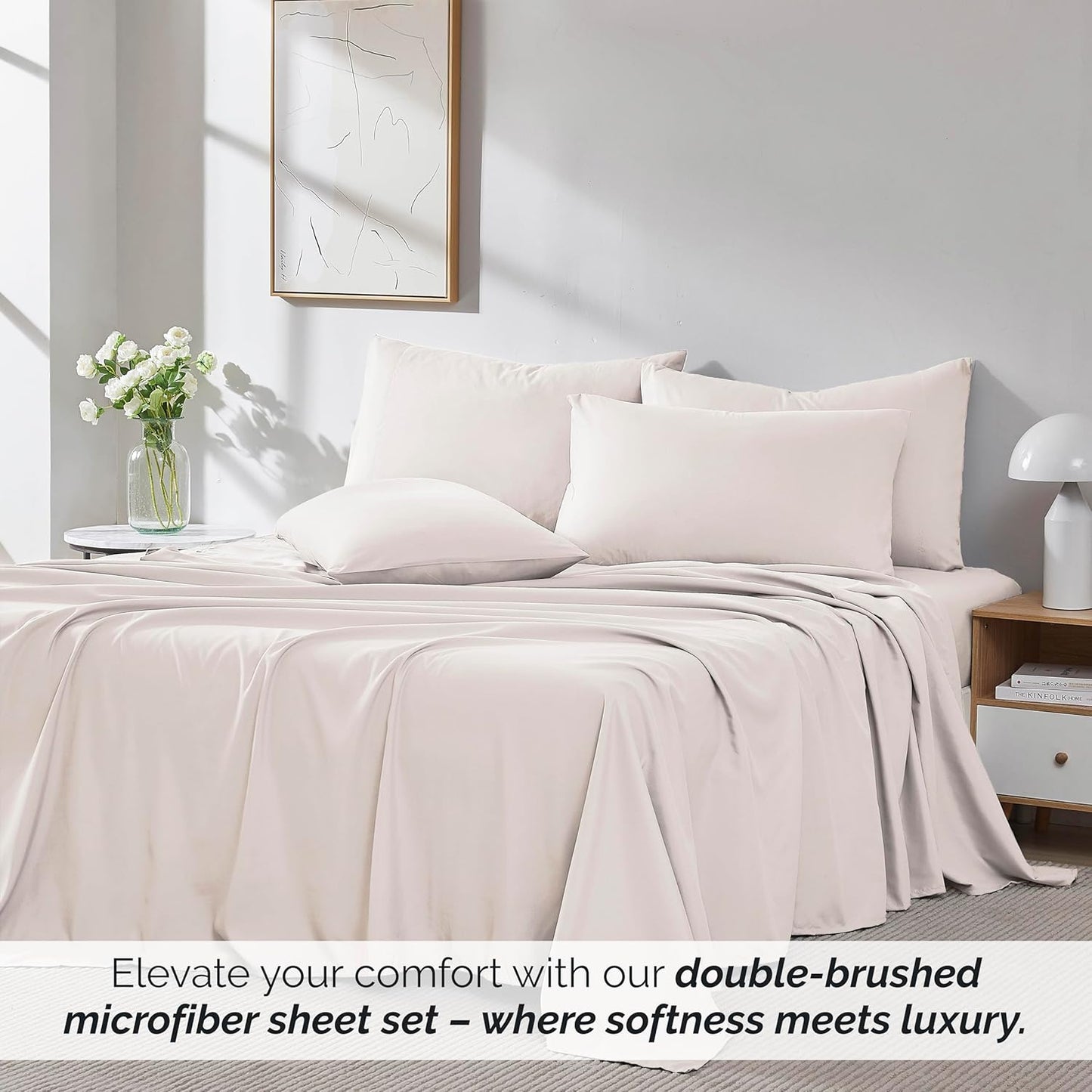 Premium Collection, 6-Piece, Deep Pocket Sheet Set, Easy Care, Shrinkage Free Sheet Set with 1 Flat Sheet, 1 Fitted Sheet, 4 Pillowcases, Bone, Full