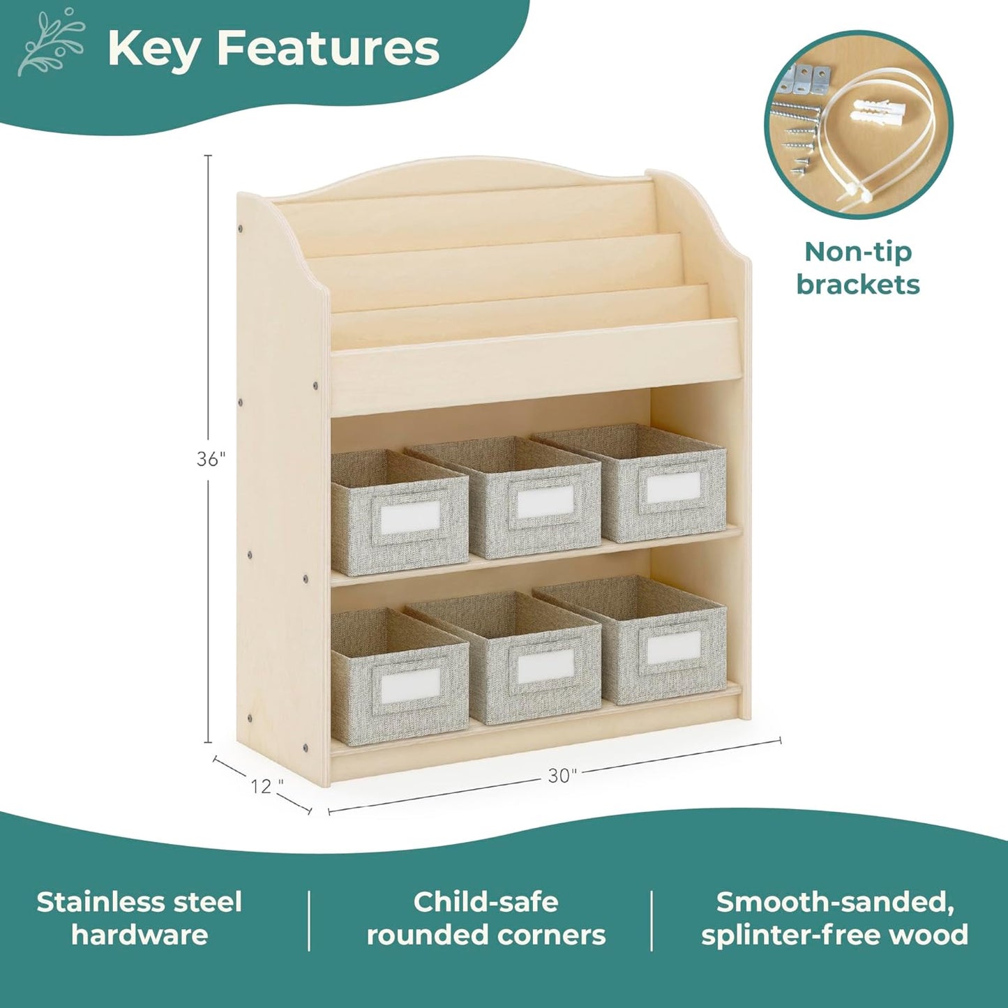 Edq Book and Bin Browser Natural: 6 Fabric Storage Bins, Book Display and Toy Storage Organizer for Kids; School Supply Furniture