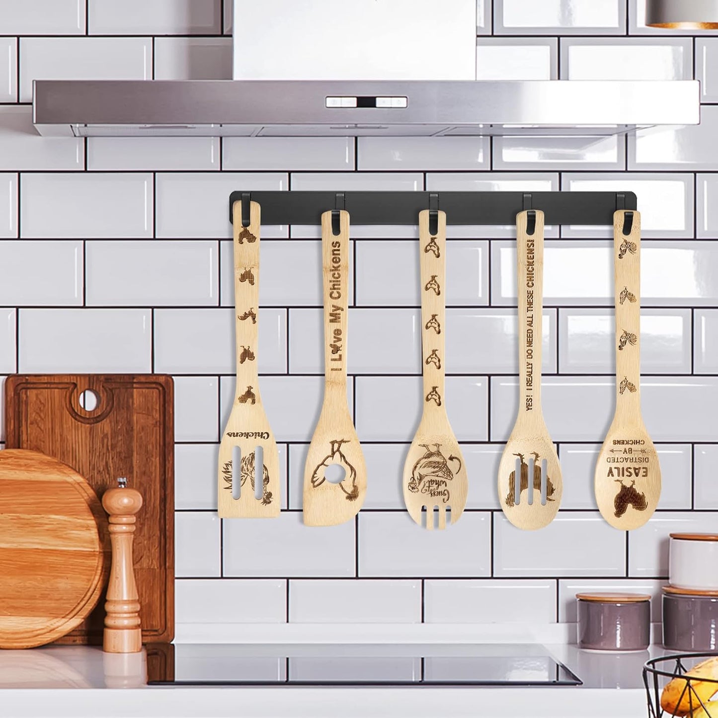 5Pcs Rooster Chicken Wooden Spoons Utensils Set Non-Stick Cooking Carve Burned