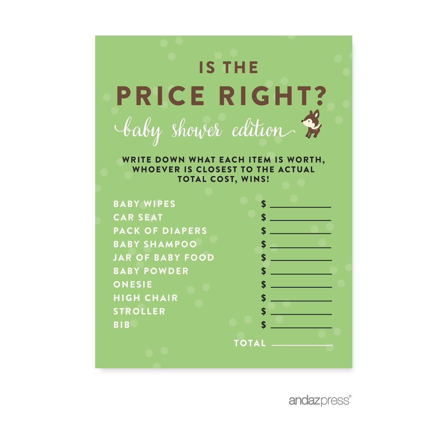 Is the Price Right? Woodland Animals Deer Baby Shower Games , 20-Pack