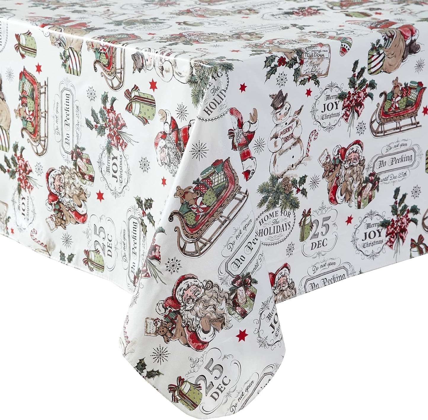 Vintage Nostalgia Home for Holidays Print Flannel Back Vinyl Christmas Tablecloth - Vintage Santa Claus, Snowman and Sleigh Xmas Wipe Clean Easy Care Tablecloth, 60” X 120” Oblong/Rectangle