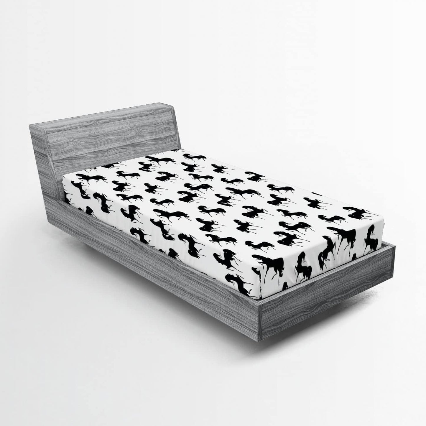 Horses Fitted Sheet, Farm Animal Silhouettes with Various Poses Galloping Trotting Cantering and Loping, Soft Decorative Fabric Bedding All-Round Elastic Pocket, Twin Size, Black