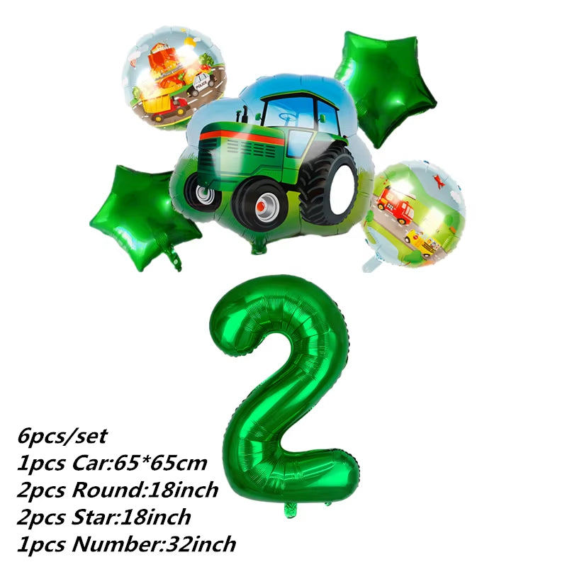 Farm Theme Green Tractor Inflatable Balloons Cake Topper Happy Birthday Party Decoration Kids Birthday Excavator Vehicle Banner