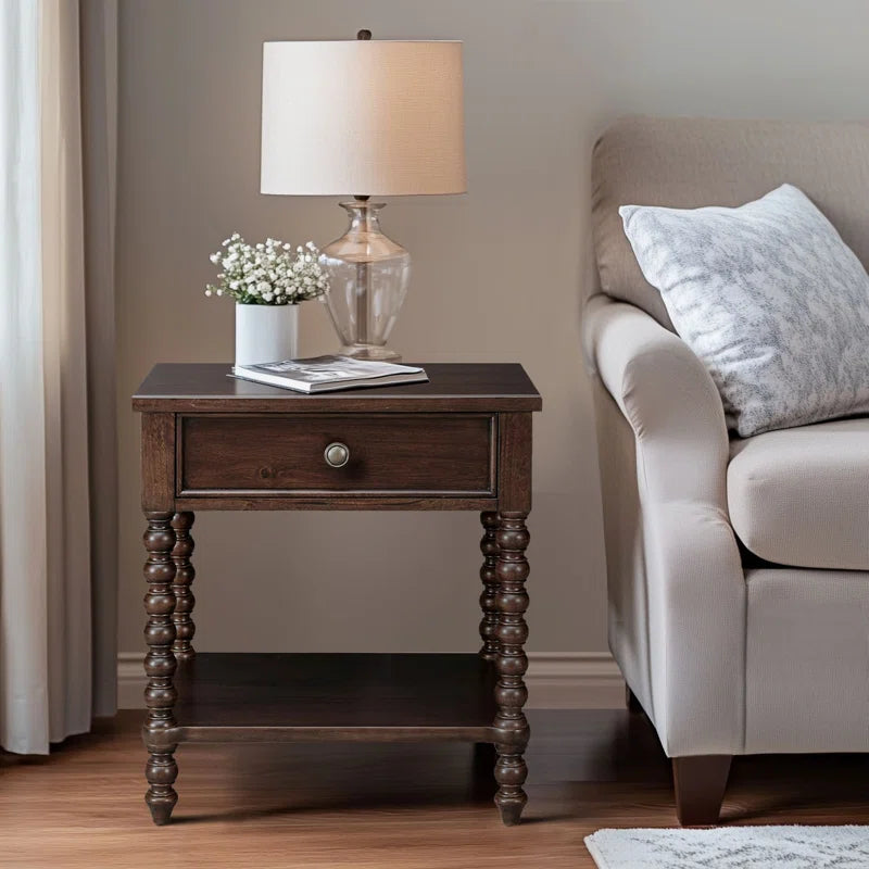 Beckett Turned Wood Spindle Nightstand with Drawer & Shelf