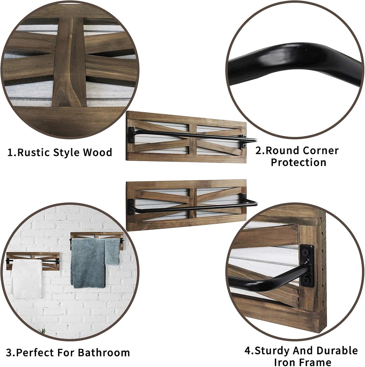 2PCS Rustic Towel Rack for Bathroom Wall Mounted, Wall Mounted Wood Hanging Bathroom Towel Holder and Organizer for Kitchen Storage Organizer Rack, Bathroom Towels, Robes, Clothing (Brown)