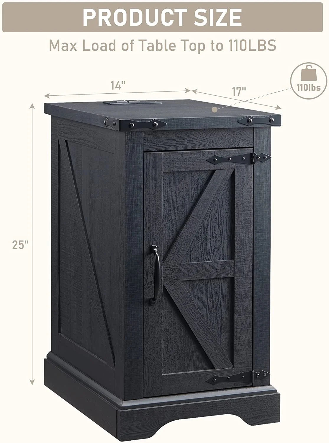 Farmhouse Nightstand with Charging Station, Wood End Table Side Table, Black